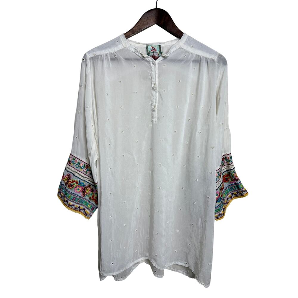 Johnny Was Patchwork Sleeve Tunic Top White Eyelet Embroidered Boho S